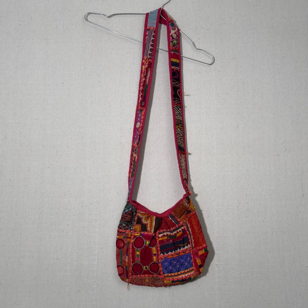 Lucky Brand Crossbody Bag Women Small Red Multi Boho Patchwork Embroidered Hobo